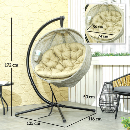 Hanging Egg Chair Outdoor Indoor Garden Swing Chair with Folding Basket, Thickened Cushion, Cup Holder for Patio, Balcony