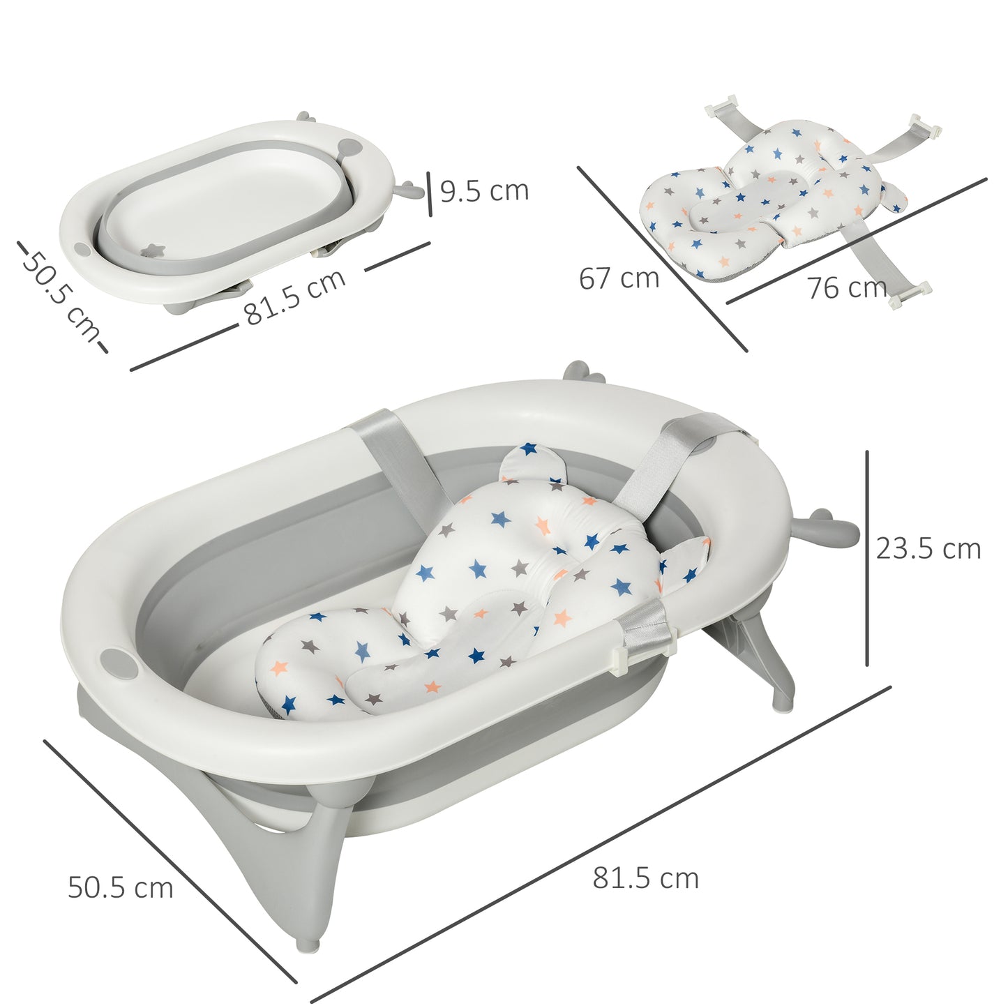 Foldable Baby Bathtub Set, Collapsible Bath Tub with Thermostatic Water Plug, Non-Slip Support, Cushion Pad, Drain Plugs