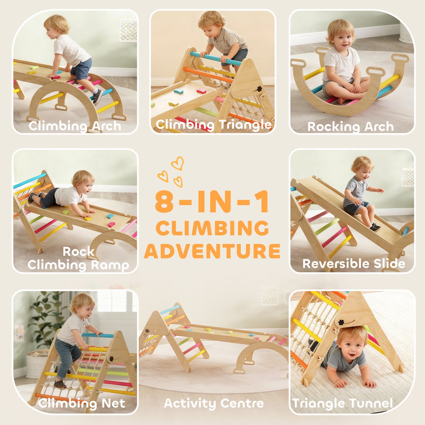 8-in-1 Toddler Climbing Frame, Indoor Play Triangle Set with Slide, Arch and Triangle Ladder, Multicolour