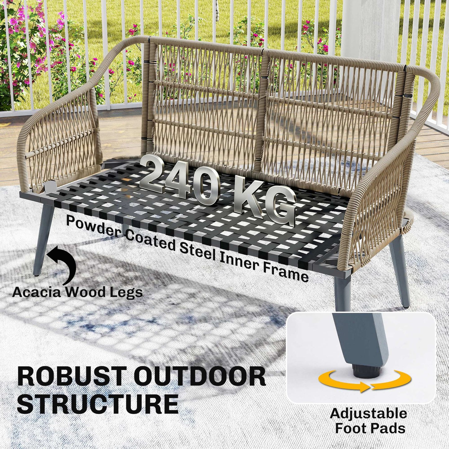 4 Piece Rattan Garden Furniture Set with Loveseat, Wicker Patio Conversation Set, Grey