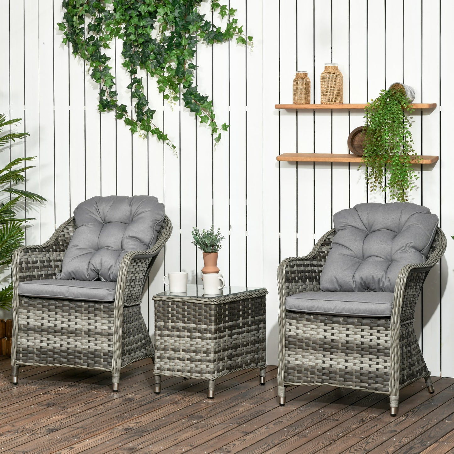 3 Pieces Rattan Bistro Set, Wicker Garden Bistro Set, Glass Top Balcony Table and Chairs with Cushions for Outdoor, Patio