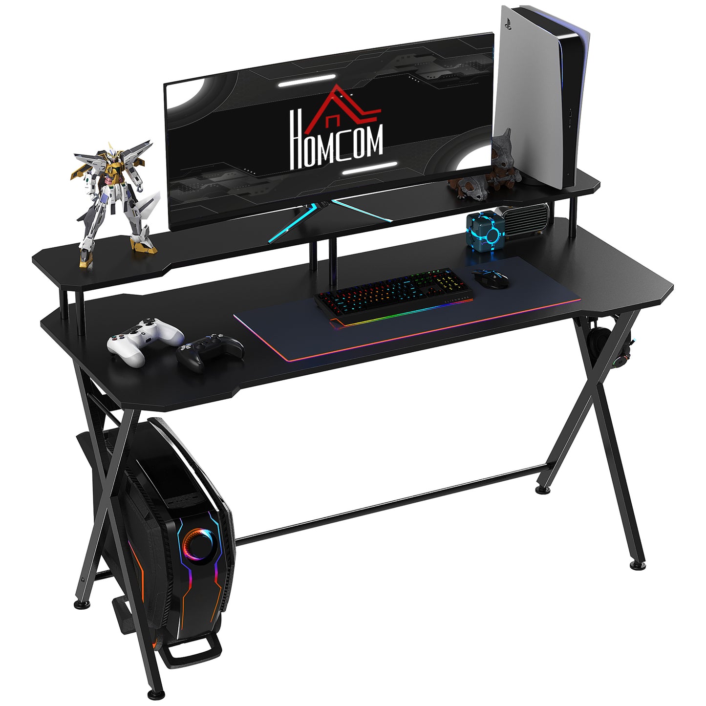 Gaming Desk Writing Racing Computer Table Workstation with Headphone Hook Curved Front Adjustable Feet for Home Office Use 14