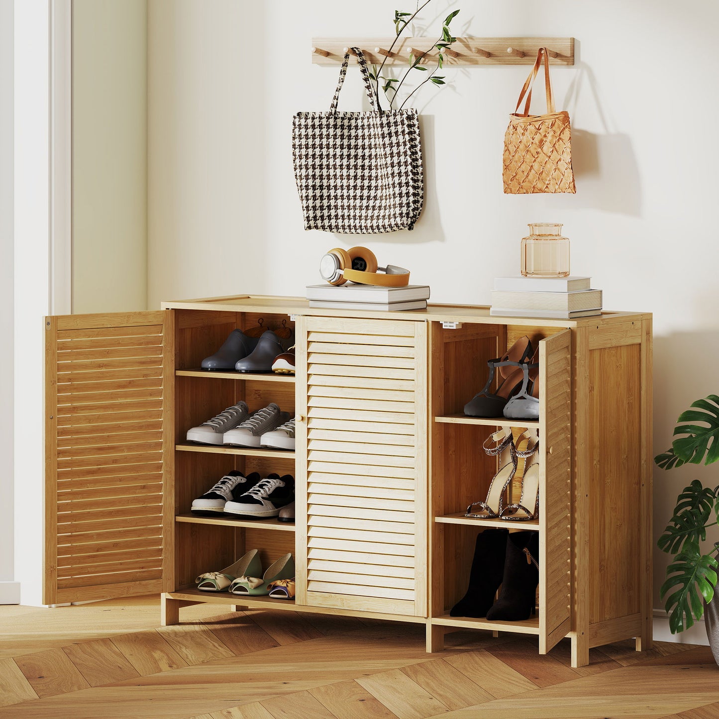 Bamboo Shoe Cabinet with Louvered Doors, 18 Pairs Shoe Storage Cabinet with Adjustable Shelves for Hallway, Natural