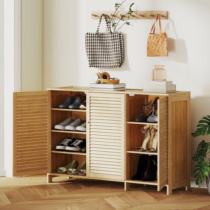 Bamboo Shoe Cabinet with Louvered Doors, 18 Pairs Shoe Storage Cabinet with Adjustable Shelves for Hallway, Natural