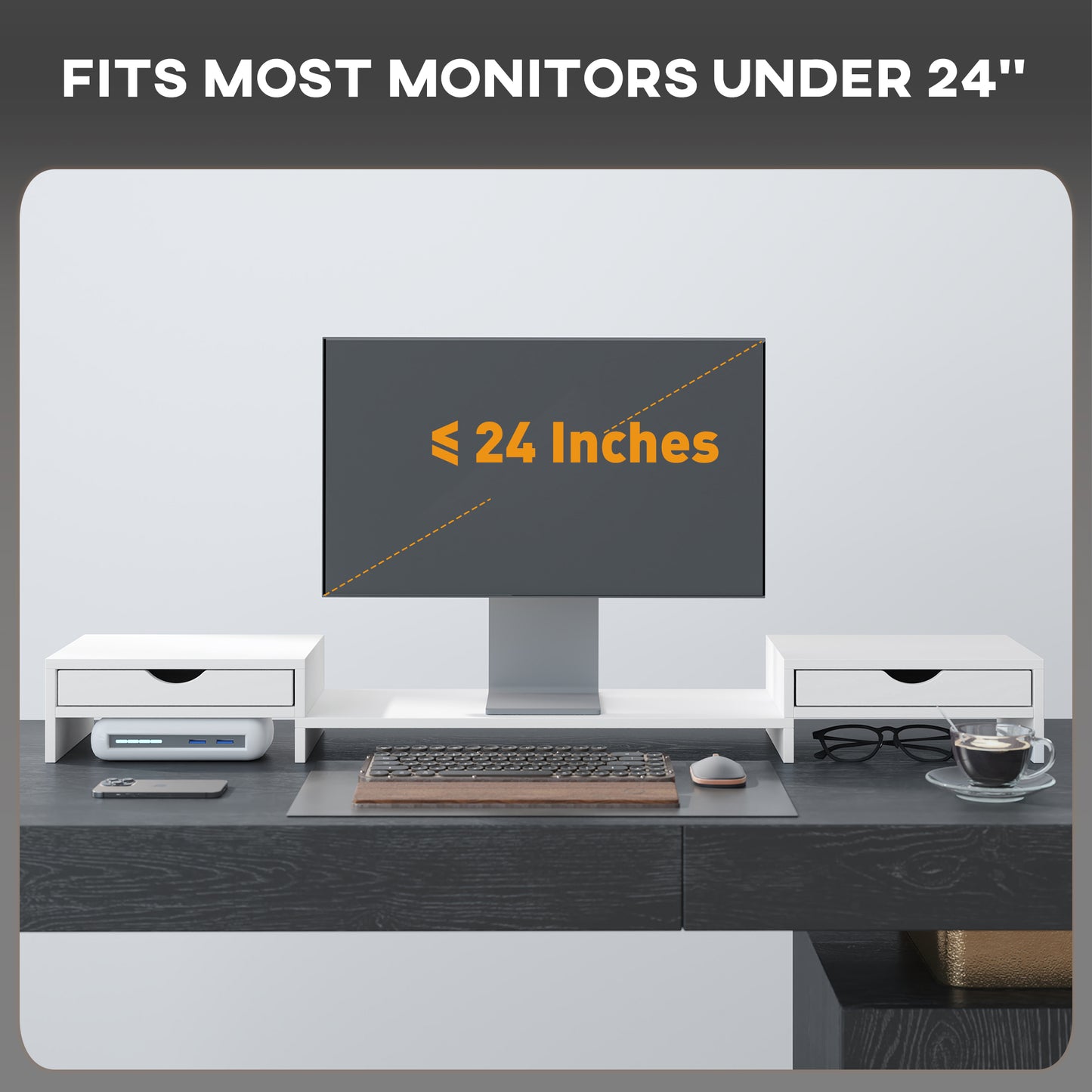 Dual Monitor Stand Riser with 2 Drawers, Adjustable Length and Angle, 116cm Monitor Riser for Laptop, Computer, PC