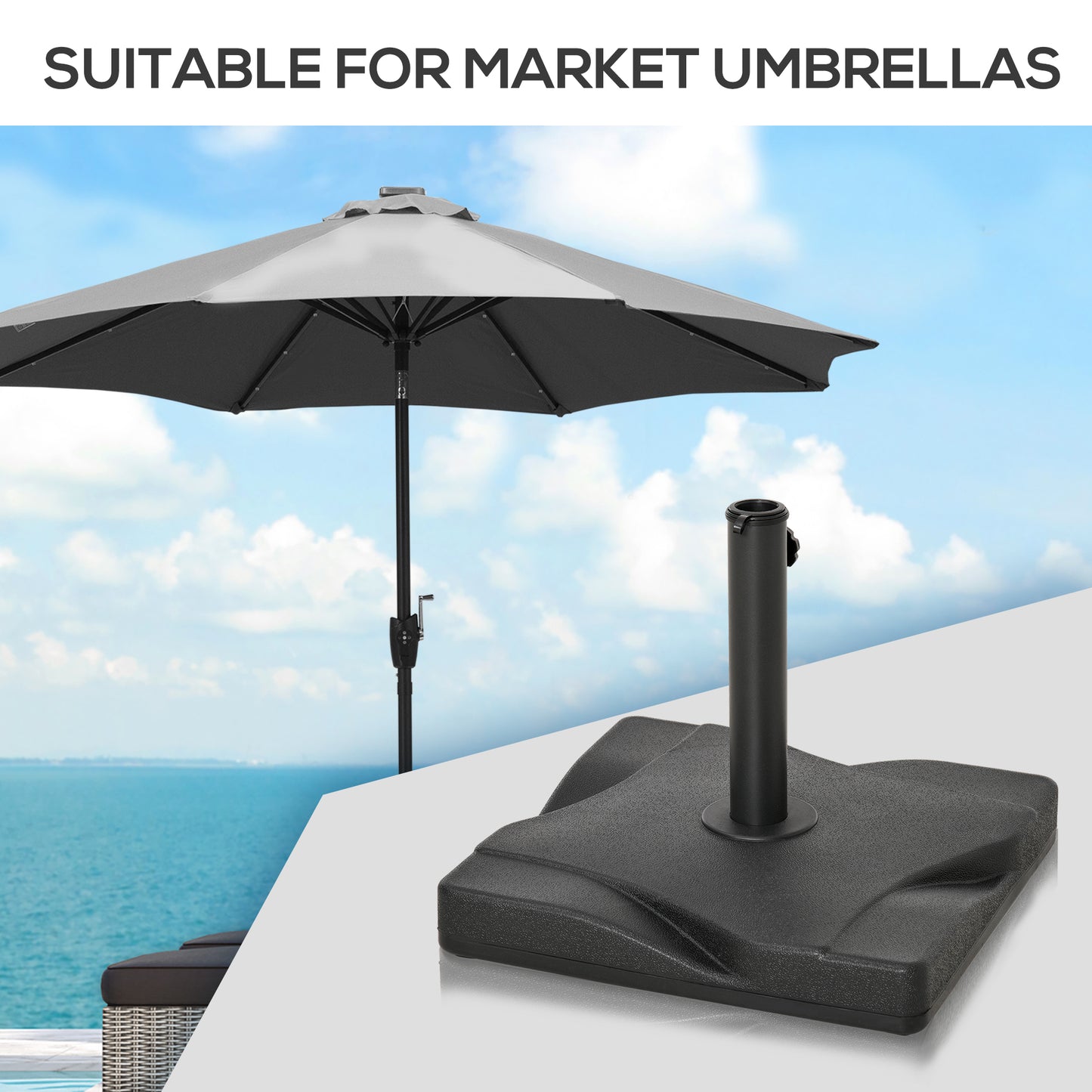 20kg Square Parasol Base Outdoor Garden Cement Umbrella Weight Stand Holder, Fits Φ32mm,Φ38mm,Φ48mm Pole - Black