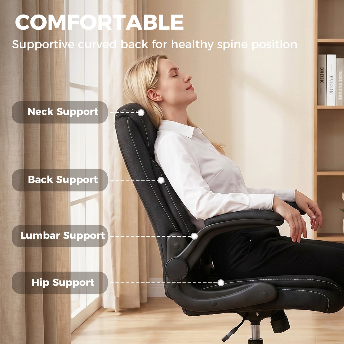 Linen-Look Computer Desk Chair, Executive Office Chair with Flip-Up Armrests and Thick Cushion, Black