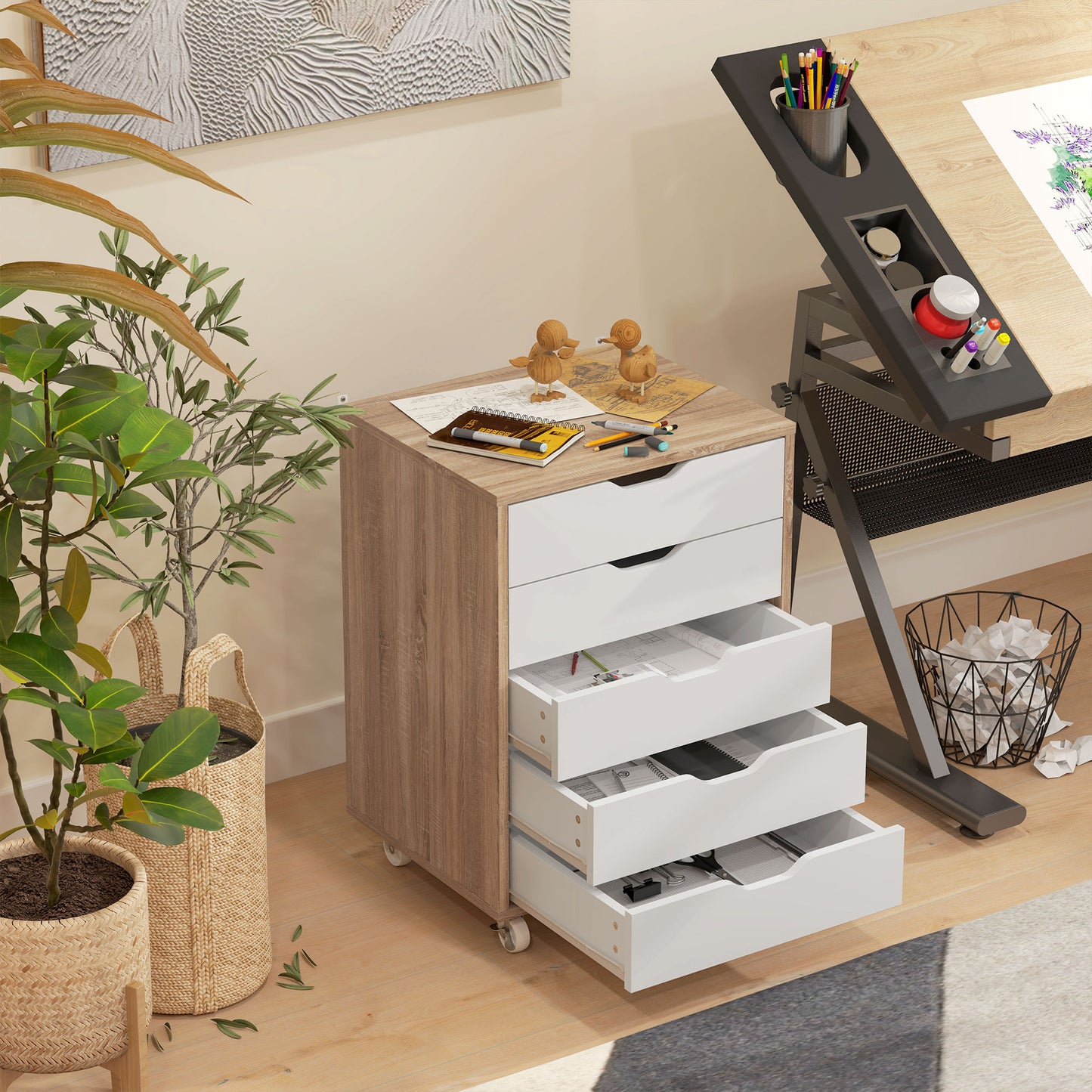 Five-Drawer Filing Cabinet, with Wheels - Oak Brown