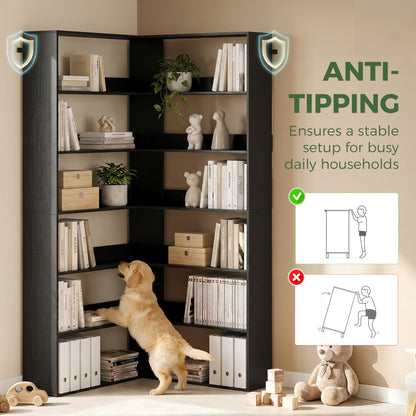 7 Tiers Bookshelf, L-Shaped Corner Bookcase with Anti-Slip Rear Guard, Black Wood Effect