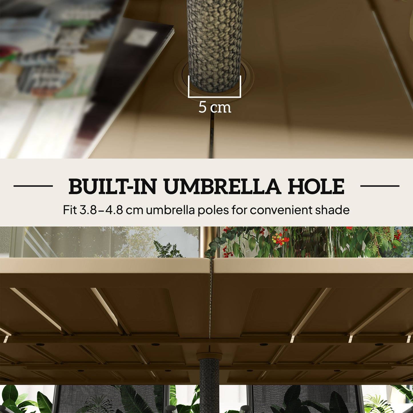 Garden Dining Table for 6 with Parasol Hole, Rectangle Outdoor Garden Table with Slatted Metal Top, Steel Frame, Brown