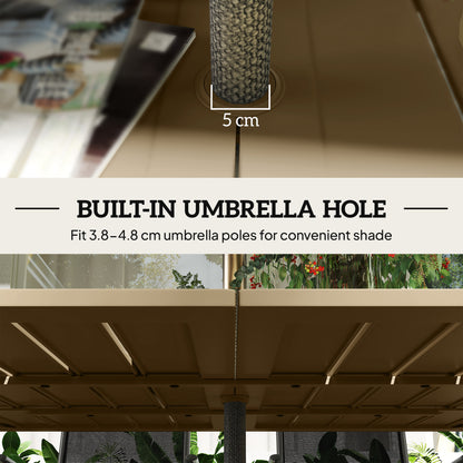 Garden Dining Table for 6 with Parasol Hole, Rectangle Outdoor Garden Table with Slatted Metal Top, Steel Frame, Brown