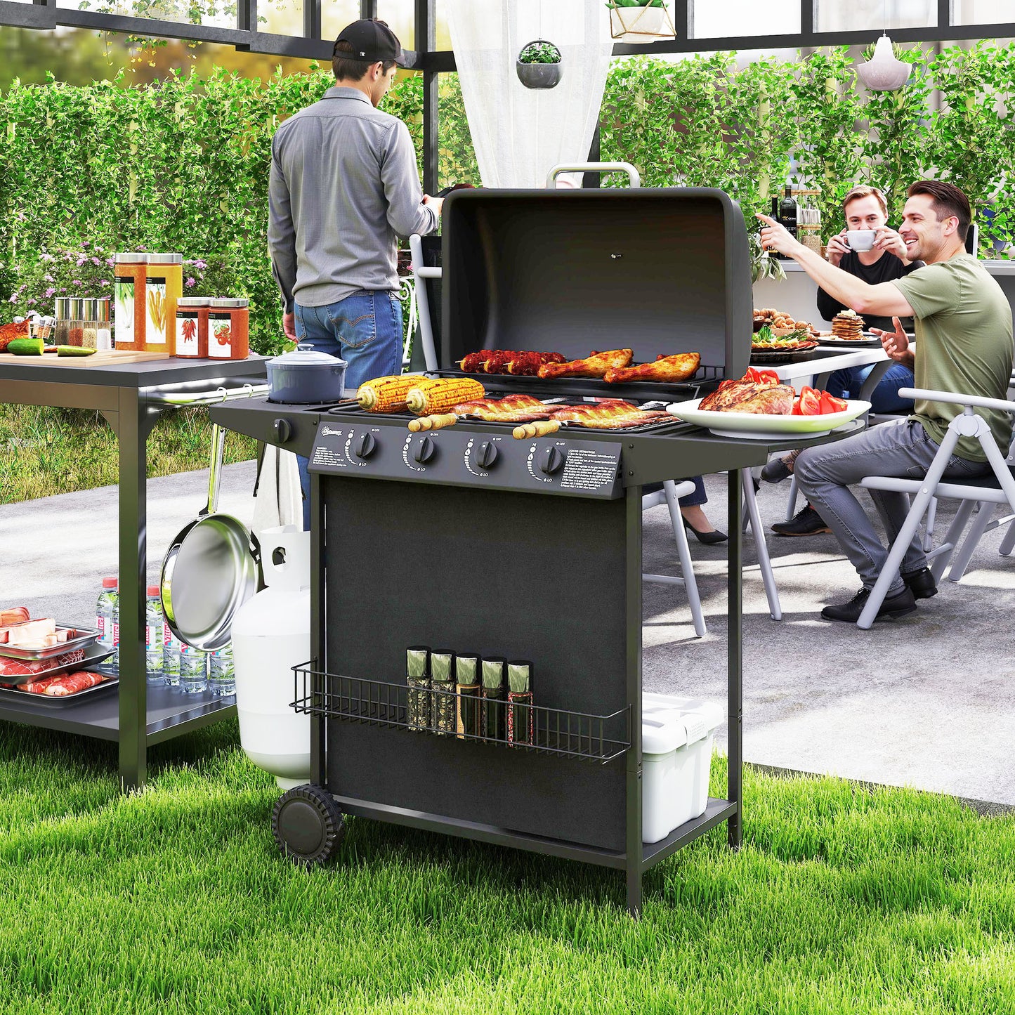4+1 Burner Gas BBQ Grill, Portable Gas Barbecue Grill with Built-in Thermometer, Lid, Side Table, Shelf, Spice Rack, Wheels