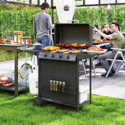 4+1 Burner Gas BBQ Grill, Portable Gas Barbecue Grill with Built-in Thermometer, Lid, Side Table, Shelf, Spice Rack, Wheels