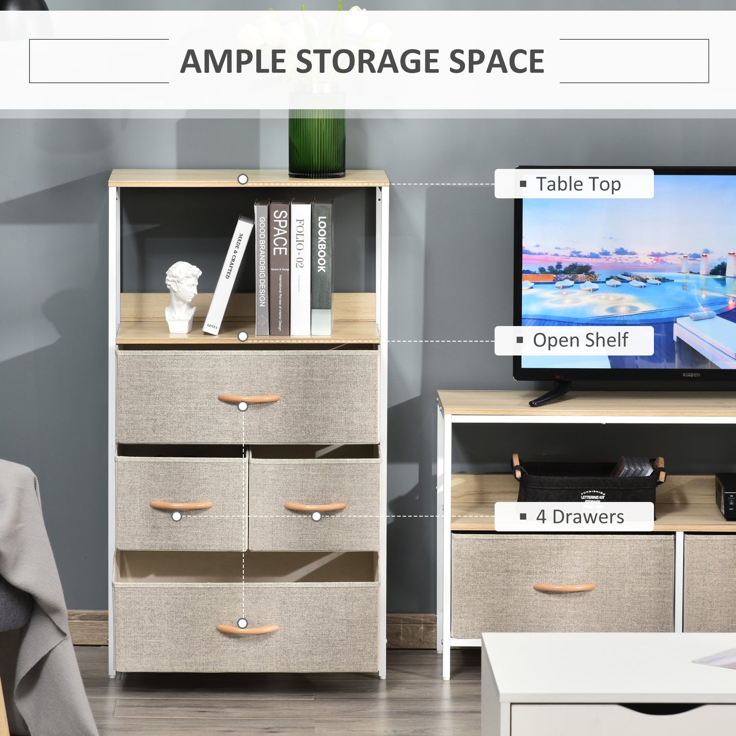 4 Drawer Storage Chest Unit Home Cabinet w/ Shelves for Living Room Bedroom Entryway Living Furniture, Light Grey