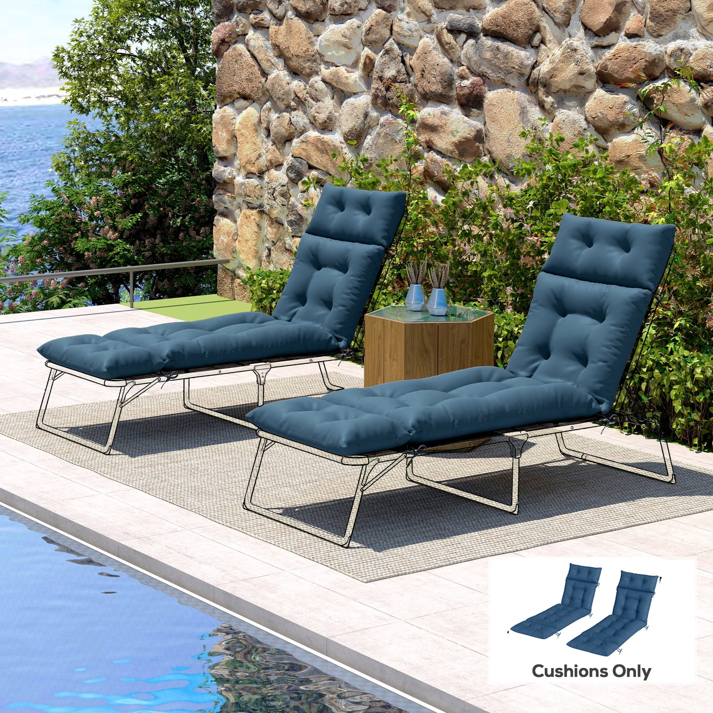 Set of Two 190 x 56cm Sun Lounger Cushions - Navy Blue