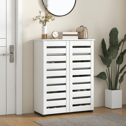 Narrow Shoe Cabinet for Entryway, 5-Tier Slim Shoe Storage Cabinet with 2 Slatted Doors and Adjustable Shelves