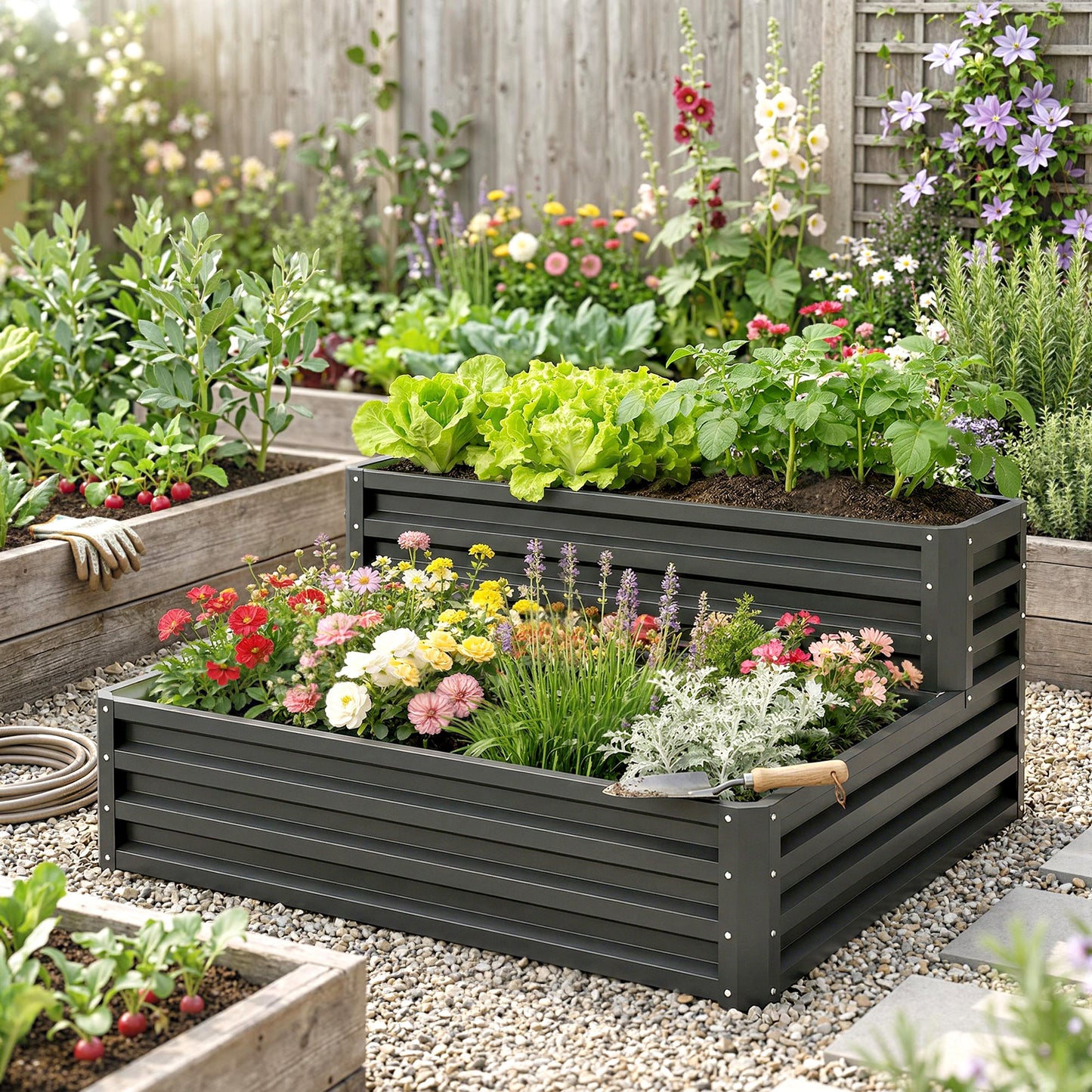 2 Tier Raised Garden Bed, Galvanised Planter Box with Open Bottom for Vegetables Flowers Herbs, 120x101x58cm, Dark Grey
