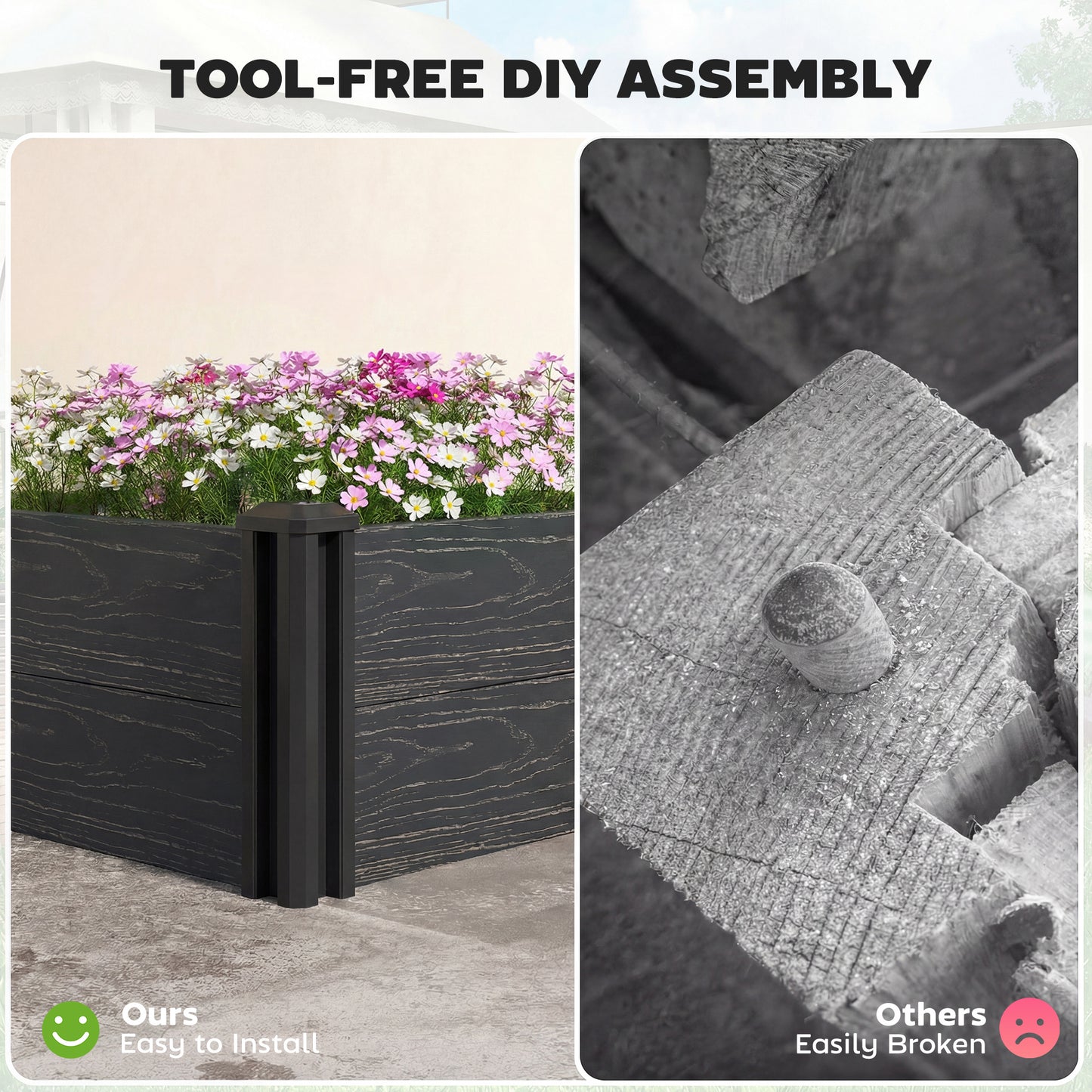 Vinyl Raised Garden Bed Kit, 2 x 2 x 1ft Modular Elevated Garden Box with Slotting Legs and Open Bottom, Dark Grey