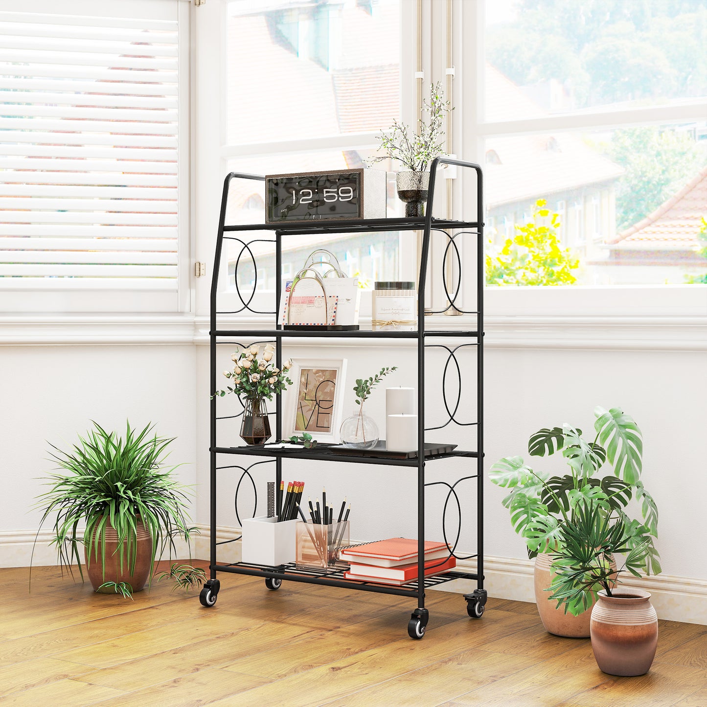 4-Tier Metal Plant Stand, Heavy Duty Ladder Shelf Potted Plants Display Rack with Lockable Wheels