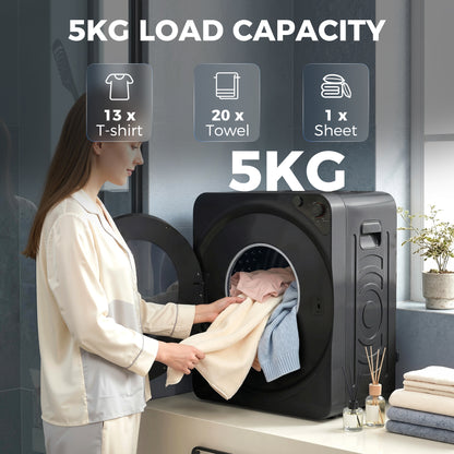 5kg Vented Tumble Dryer, 1000W Compact Tumble Dryer with 5 Drying Modes, Stainless Steel Tub, Black