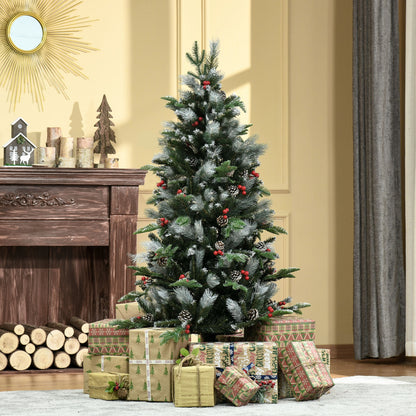 5FT Artificial Snow Dipped Christmas Tree Xmas Pencil Tree Holiday Home Party Decoration with Foldable Feet Red Berries White