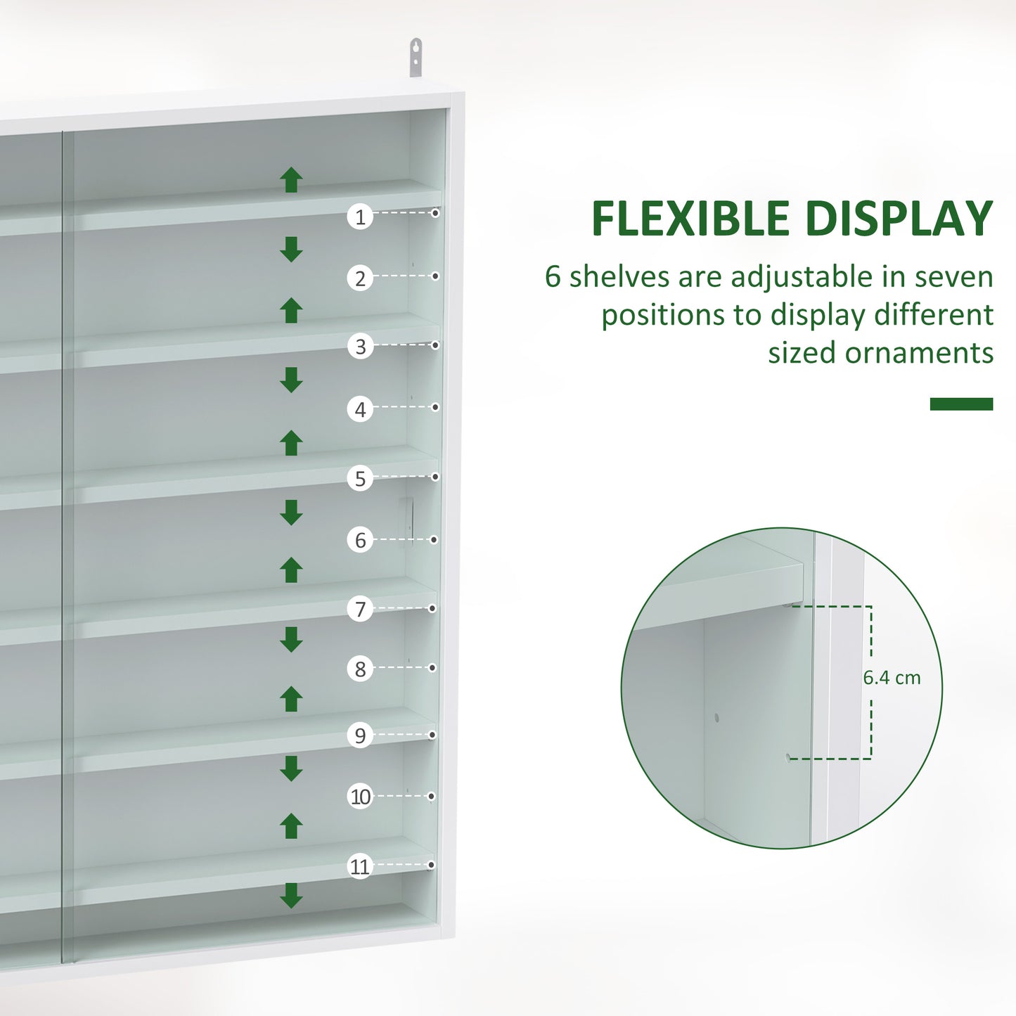 Six Shelf Display Cabinet, with Glass Doors - White