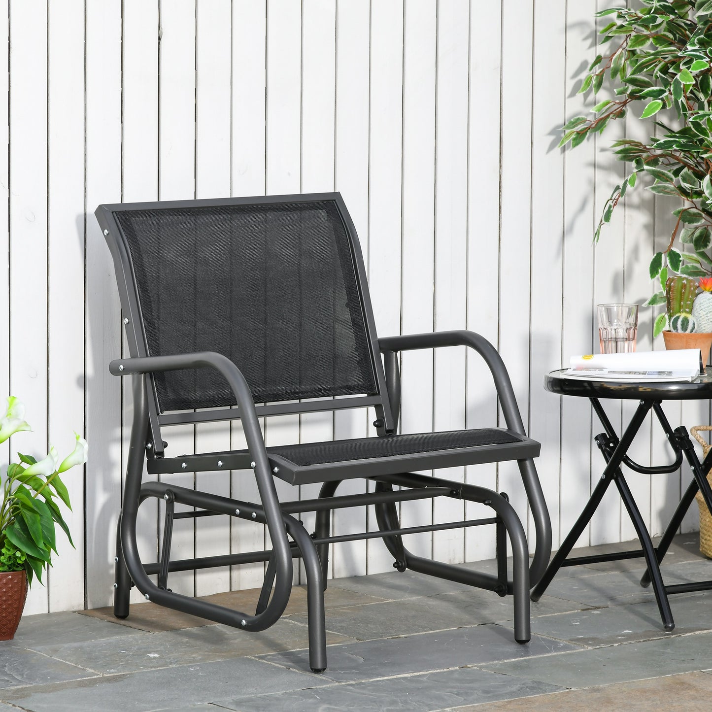 Outdoor Garden Glider Chair, Metal Frame Single Armchair Swing Seater w/ Breath Mesh Fabric Seat, Curved Backrest, Armrests
