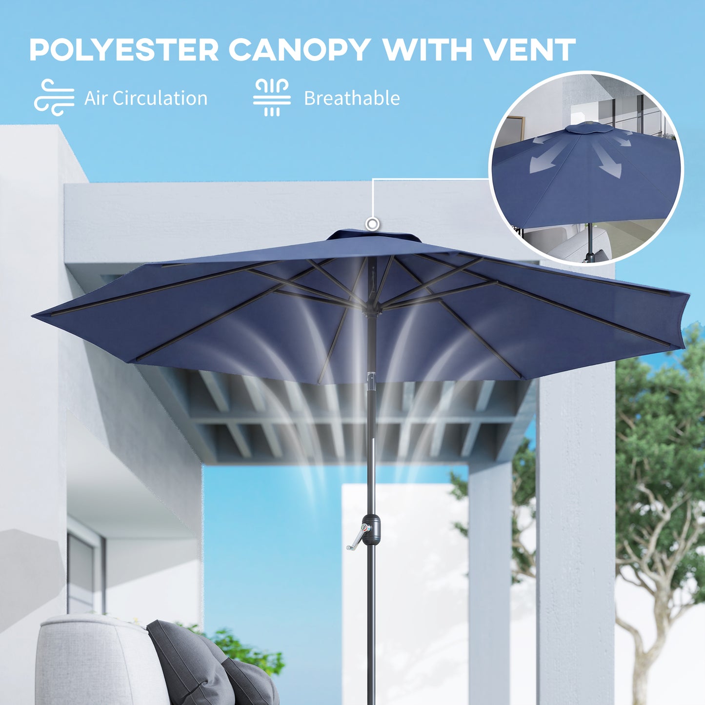 3 m Garden Parasol Umbrellas, Outdoor Sun Shade with 8 Ribs, Tilt and Crank Handle, Navy Blue