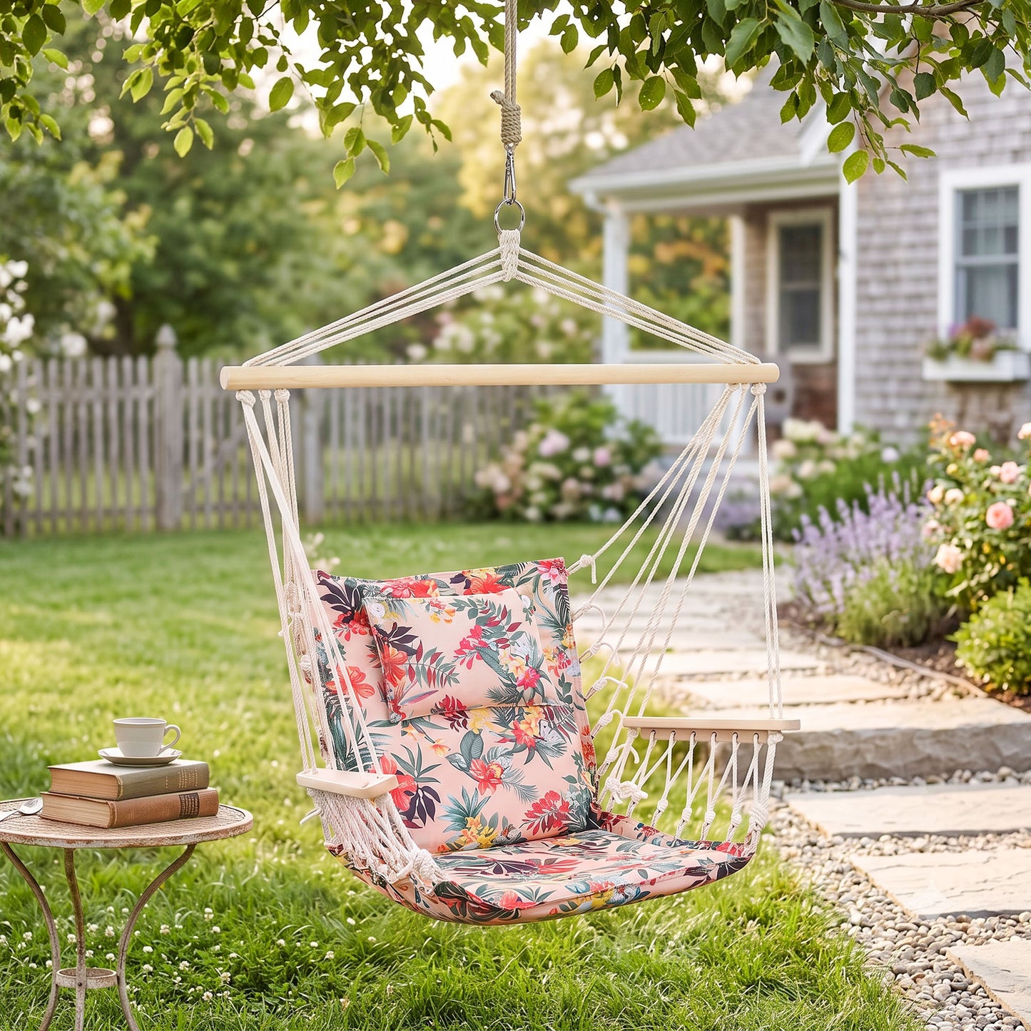 Garden Outdoor Hanging Hammock Chair Thick Rope Frame Wooden Arms Safe Garden Outdoor Spot Stylish Multicoloured floral