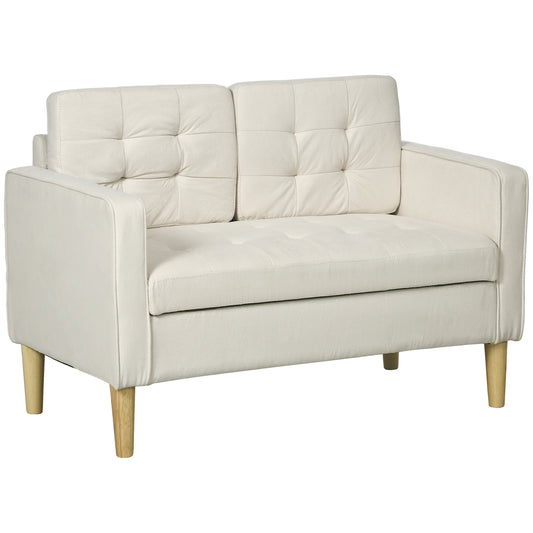 Modern Loveseat Sofa, Compact 2 Seater Sofa with Hidden Storage, 117cm Tufted Cotton Couch with Wood Legs, Cream White