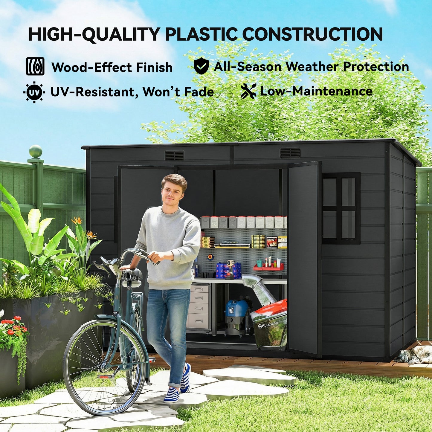 10 x 6 ft Resin Garden Shed, Outdoor Storage Shed with Floor, Windows, Lockable Doors and Vents, Dark Grey