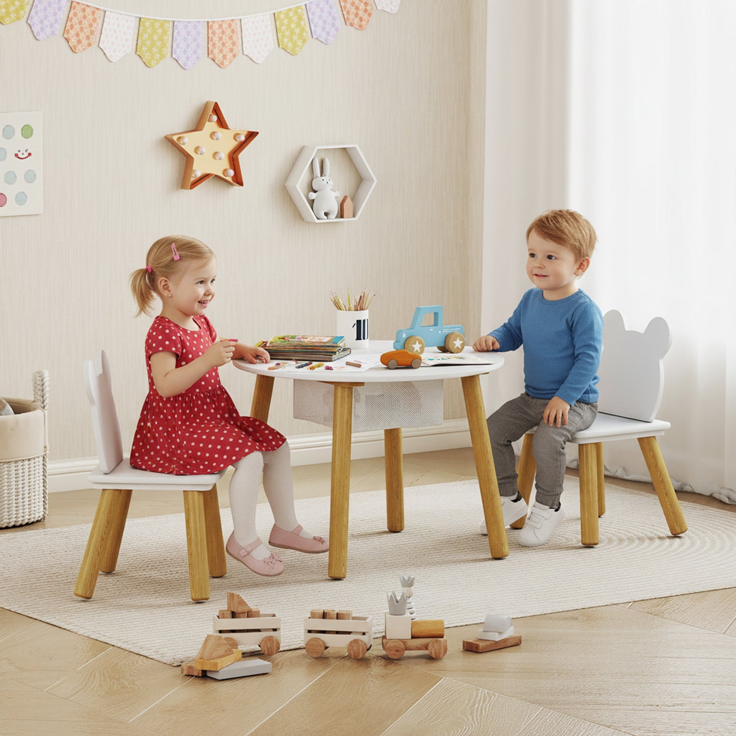 3-Piece Kids Activity Table Set with Centre Mesh Bag, Bear-Shaped Backrest, for Arts and Crafts, Reading, White