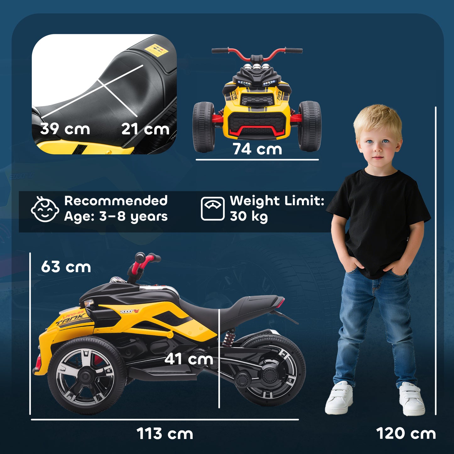12V Kids Electric Ride On Car with 3 Wheeler, MP3 Player, Horn, 2 Speeds, LED Lights for Boys & Girls Ages 3-8, Yellow
