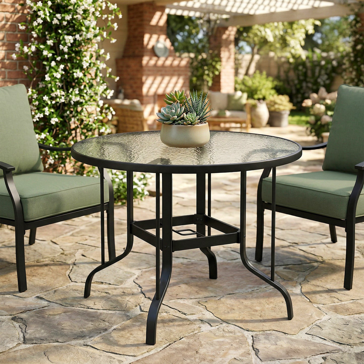 Tempered Glass Top Round Outdoor Dining Table with Parasol Hole, 96.5 x 96.5 x 71 cm