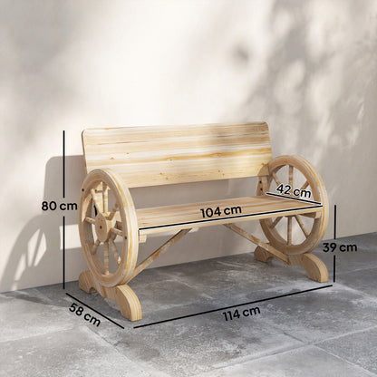 Fir Wood 2-Seater Outdoor Garden Wagon Wheel Bench, Natural Wood Finish