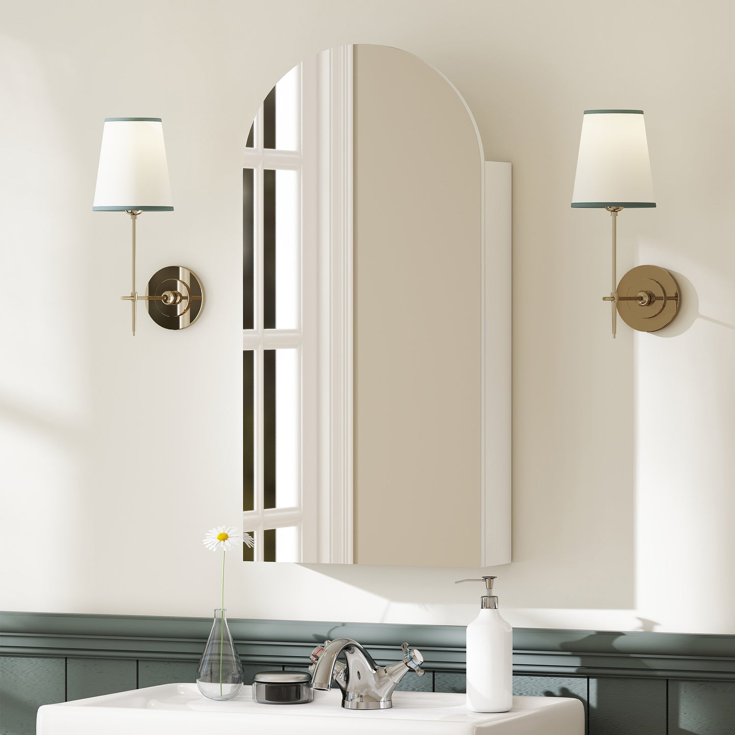 Arched Bathroom Mirror Cabinet with Adjustable Glass Shelves - White