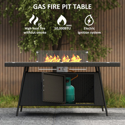 7 Pieces Outdoor Rattan Garden Furniture with Fire Pit Table, 6 Seater Garden Table and Chairs with Cushions