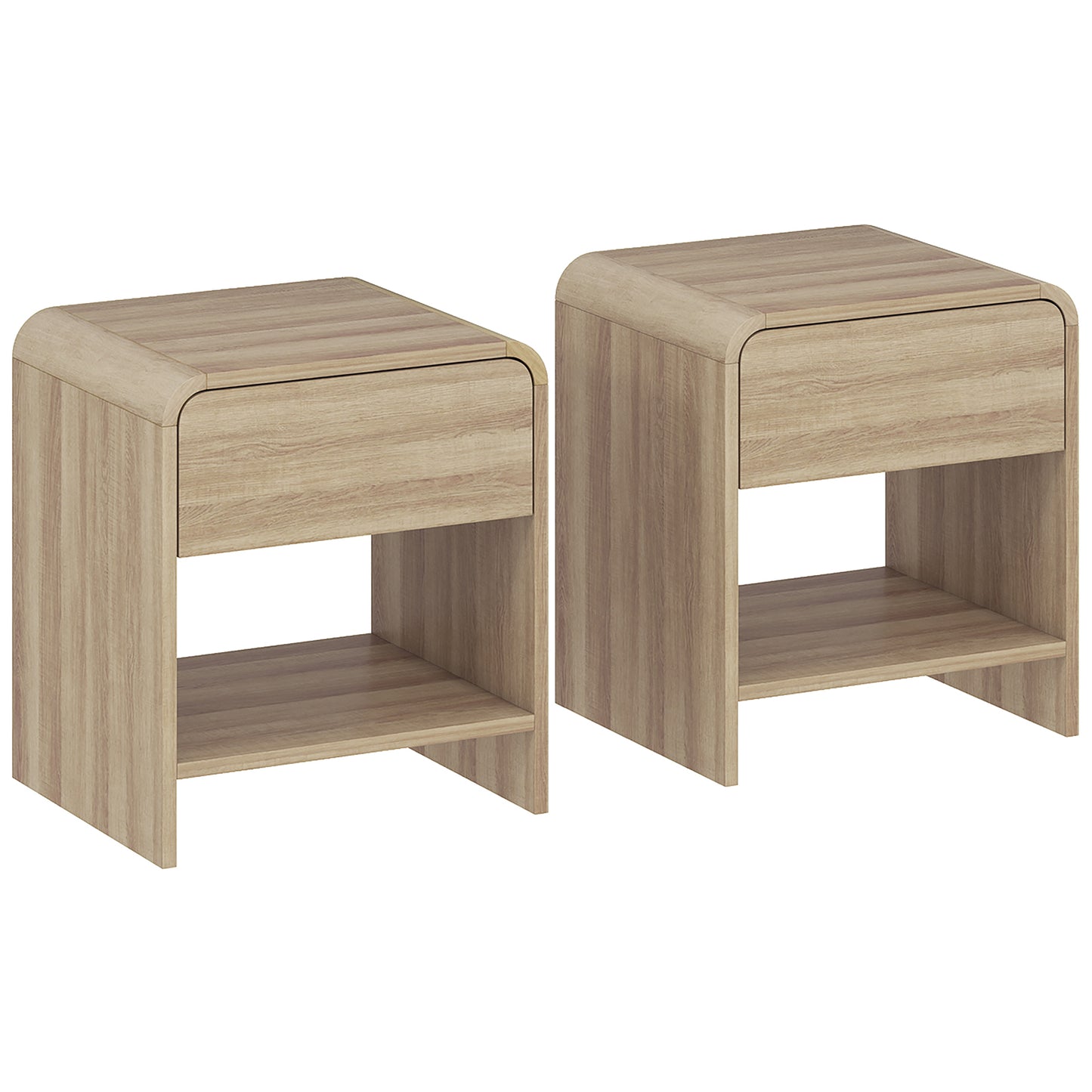 Bedside Tables Set of 2, Nightstands with Rounded Corners, Modern Side Table with Silent Drawer for Bedroom, Natural