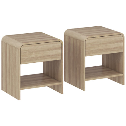 Bedside Tables Set of 2, Nightstands with Rounded Corners, Modern Side Table with Silent Drawer for Bedroom, Natural