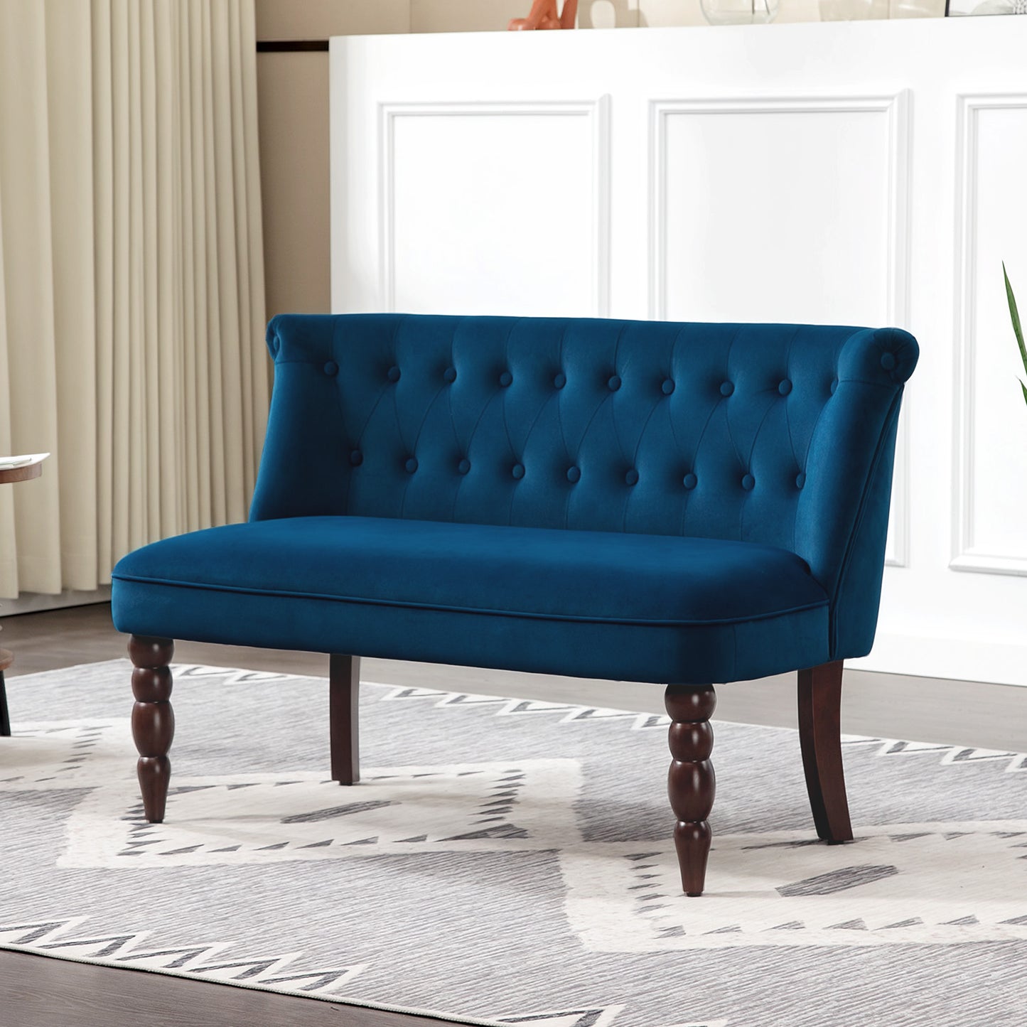 Velvet 2 Seater Sofa, Button Tufted Wingback Loveseat with Rubber Wood Legs for Living Room, Bedroom, Dark Blue