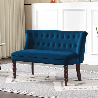 Velvet 2 Seater Sofa, Button Tufted Wingback Loveseat with Rubber Wood Legs for Living Room, Bedroom, Dark Blue
