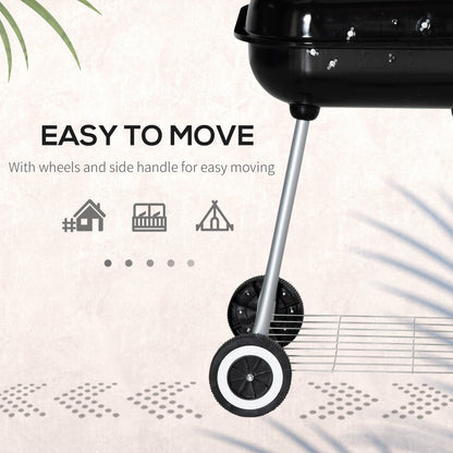 Portable BBQ Charcoal Grill with 2 Wheels and Cooking Utensils, Smoker Grill with Lid for Outdoor Barbecues, Camping, Picnic