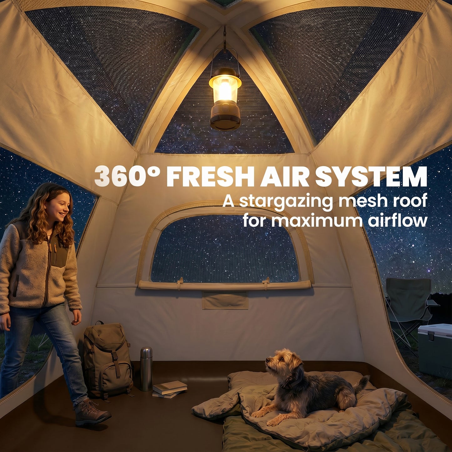 Inflatable Camping Tent with Rainfly, 3 Man Air Tent 3000mm Waterproof Blow Up Tents, Cream
