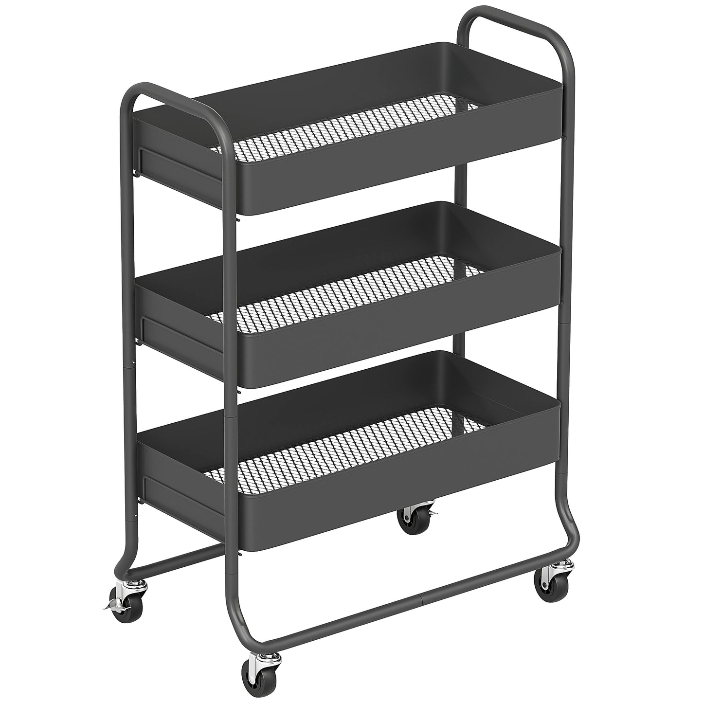3-Tier Storage Trolley on Wheels, Rolling Utility Cart with Mesh Backets for Kitchen, Bathroom, Bedroom, Black
