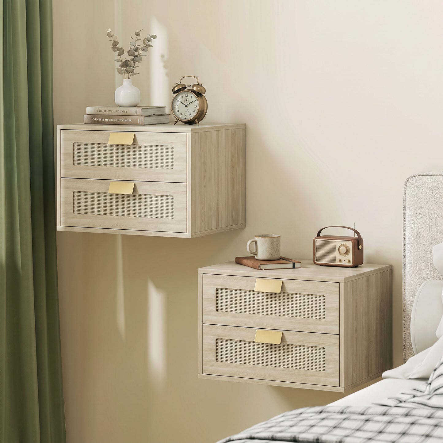Modern Floating Nightstands Set of 2, Wall Mounted Bedside Tables with 2 Drawers, Oak