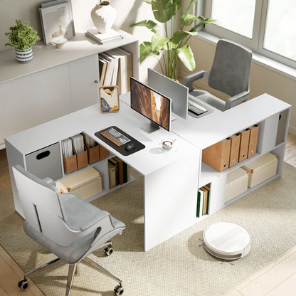 L Shaped Computer Desk, 110 x 100cm Reversible Corner Desk with Fabric Drawer and Storage Shelves, White