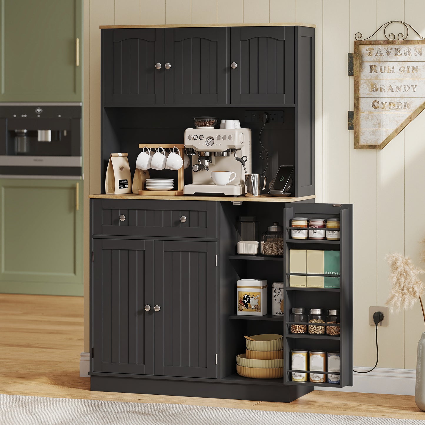 173 cm Tall Kitchen Cupboard with Charging Station, Pantry Storage Cabinet with Adjustable Shelves and 4 Door Racks