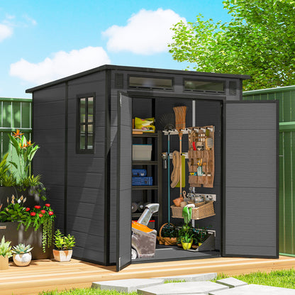 6 x 6 ft Plastic Garden Shed, Wood-Effect Outdoor Storage Shed with Floor, Windows, Lockable Doors and Vents, Dark Grey