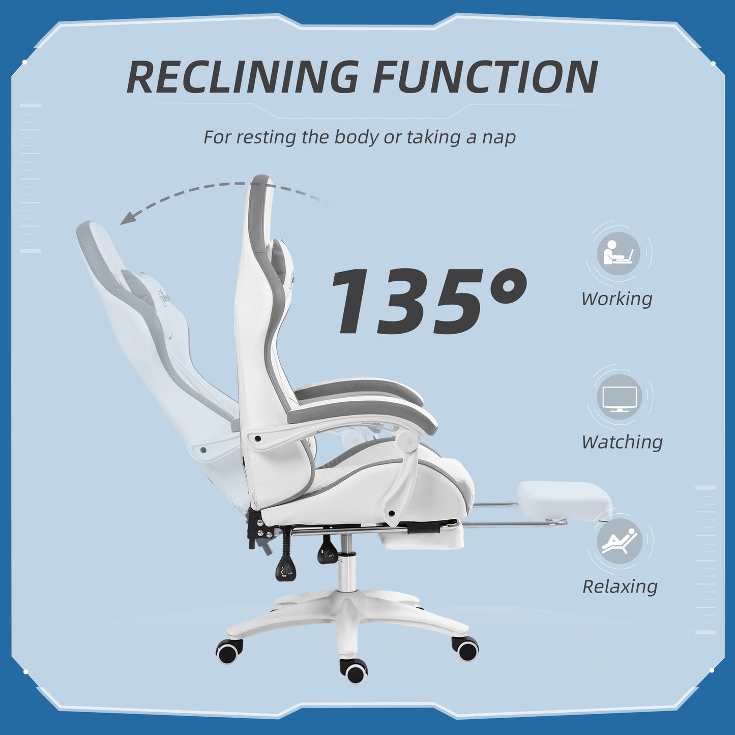 Computer Gaming Chair, PU Leather Desk Chair with Footrest, Swivel Task Chair with 135° Reclining Back and Lumbar Support
