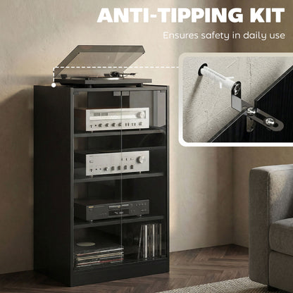 4-Tier Hi-Fi Stand, Record Player Stand with Adjustable Shelves and Push-to-Open Glass Doors, Black Wood-Effect